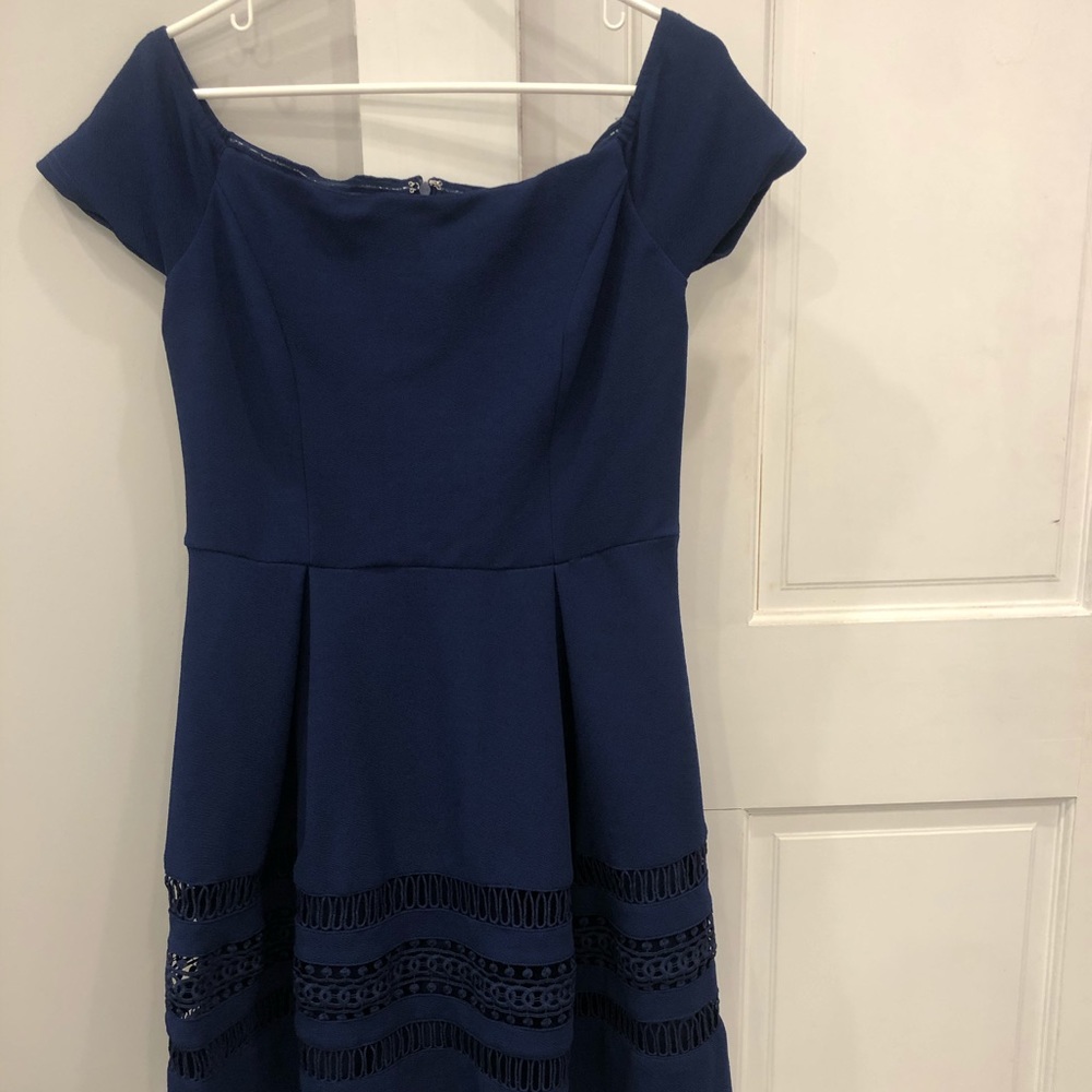 Blue Boatneck/Strapless Dress with A-Line Skirt